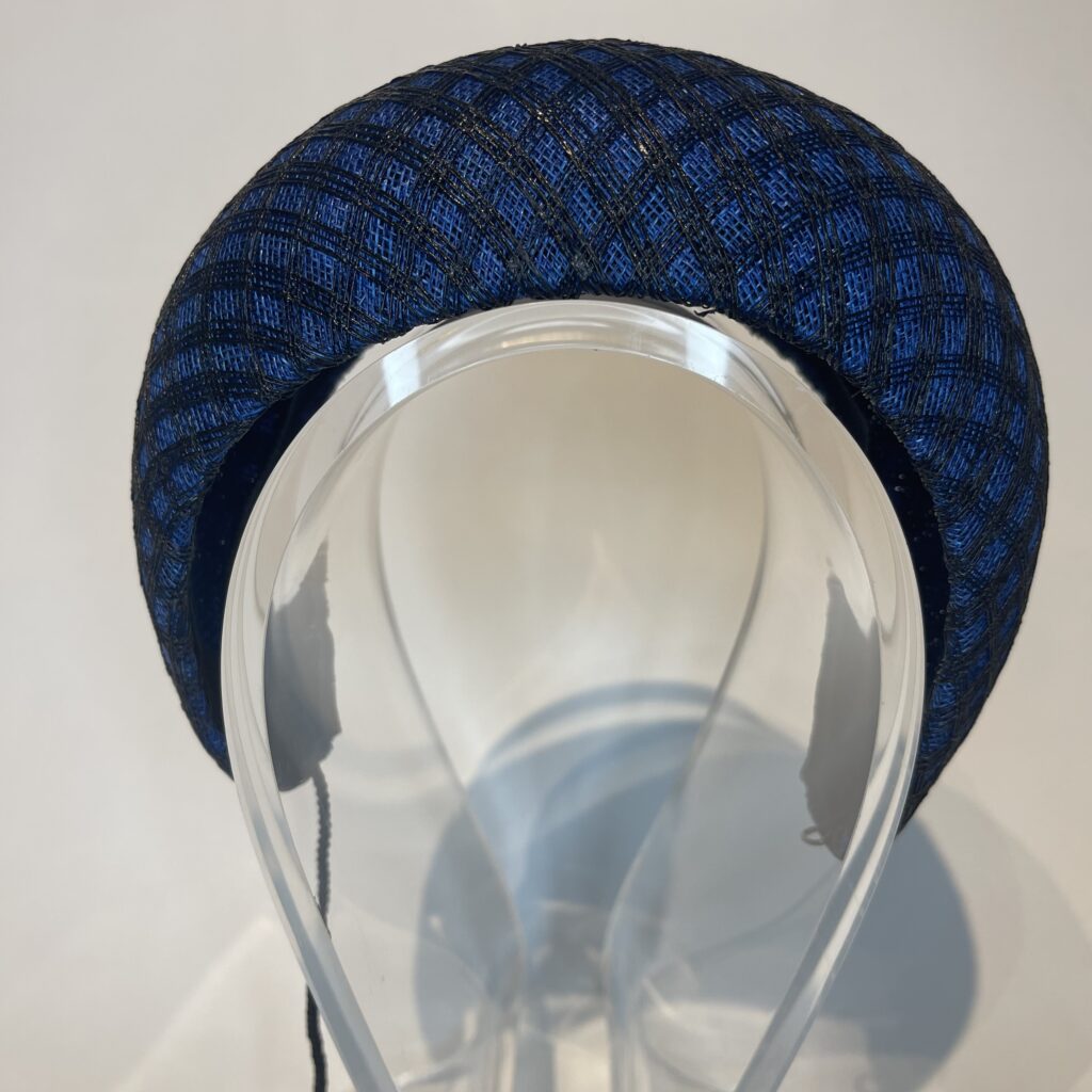 Handmade headband “Penha”, cobalt sinamay with black checkers